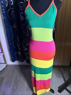 Neon Multi-Stripe Knit Maxi Dress - Spaghetti Strap